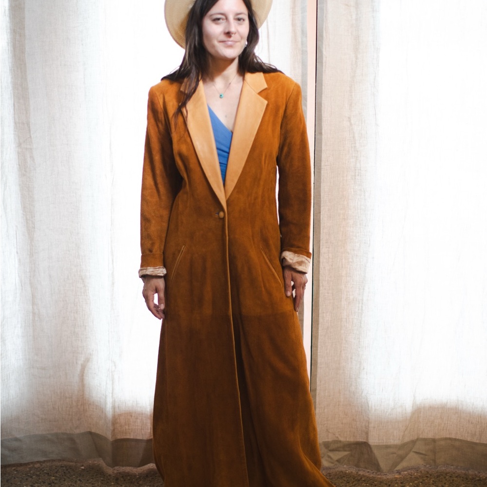 Brown Suede Long Coat with Tan Collar